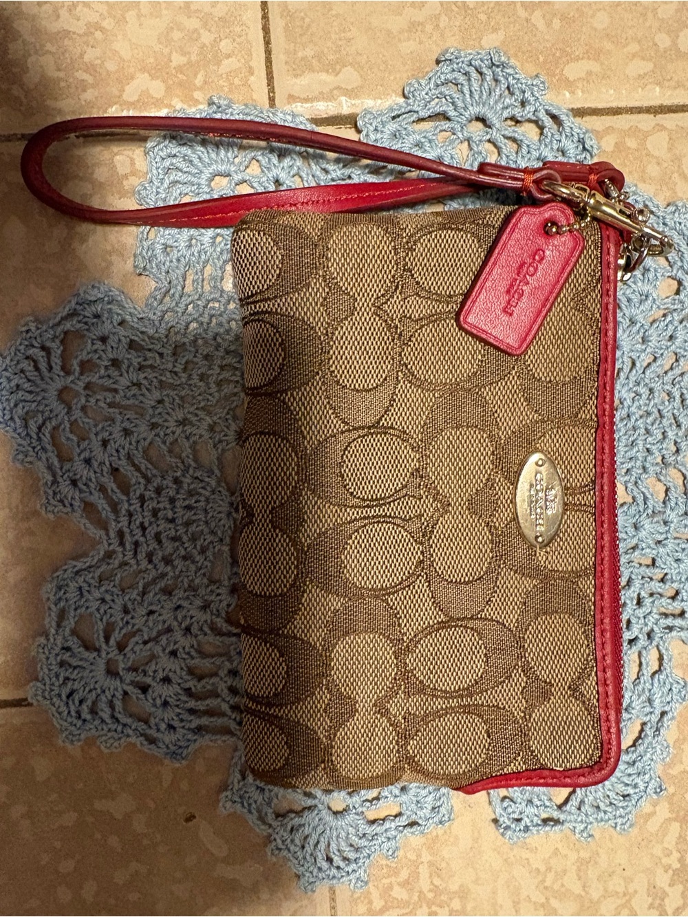 Source Unknown Brown Signature Canvas Wristlet with Red Trim